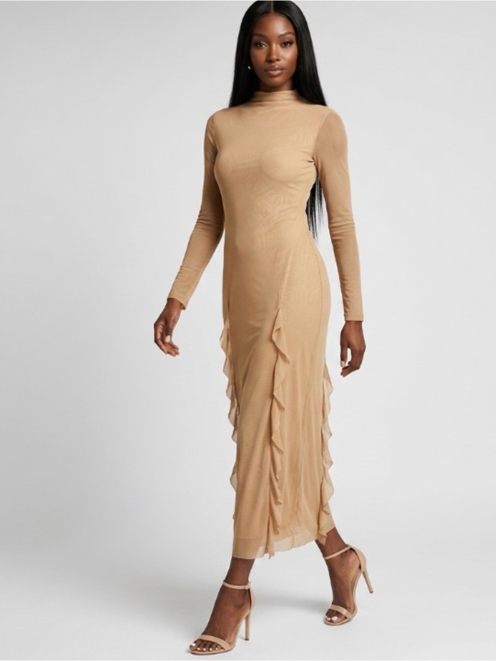 Zara Mesh Mock Neck Long-Sleeve Cascading Ruffle Maxi Dress Tan Beige Coquette L